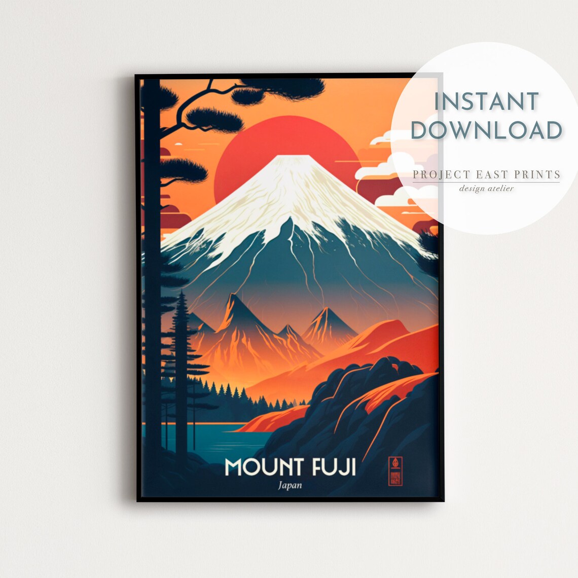 Mount Fuji Japan Snow Peak Rising Sun Retro Vintage Travel Poster