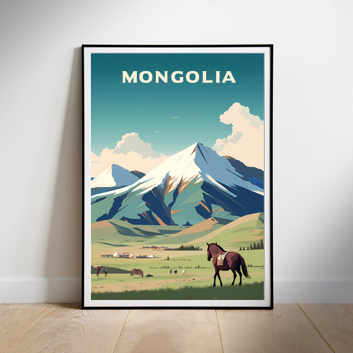 Mongolia Steppe Horses Snowy Mountain Meadow Retro Travel Poster