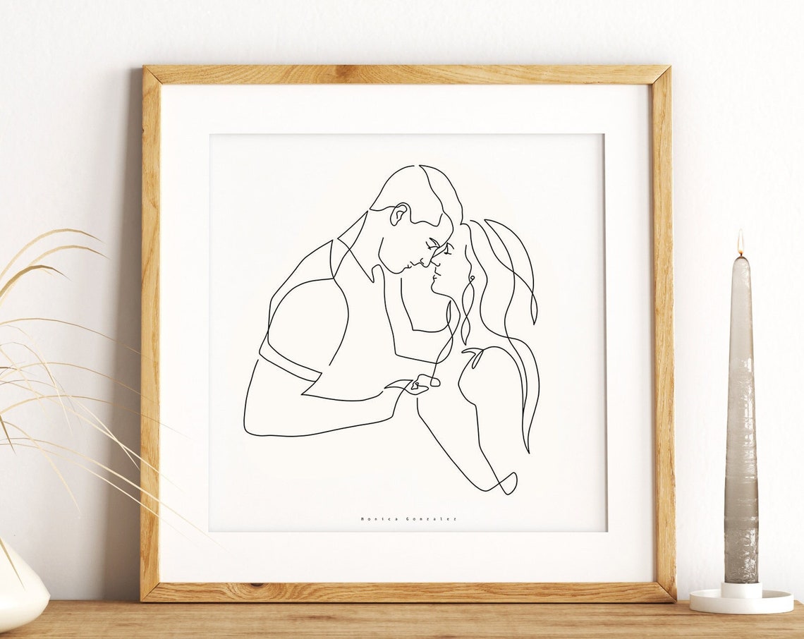 Romantic Couple Forehead Touch Line Art Portrait Poster Decor