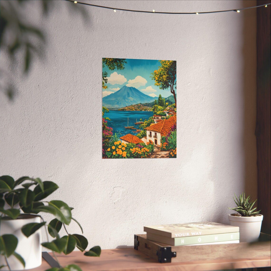 Lake Atitlan Guatemala Village Lakefront Volcano Gouache Poster - Image 3