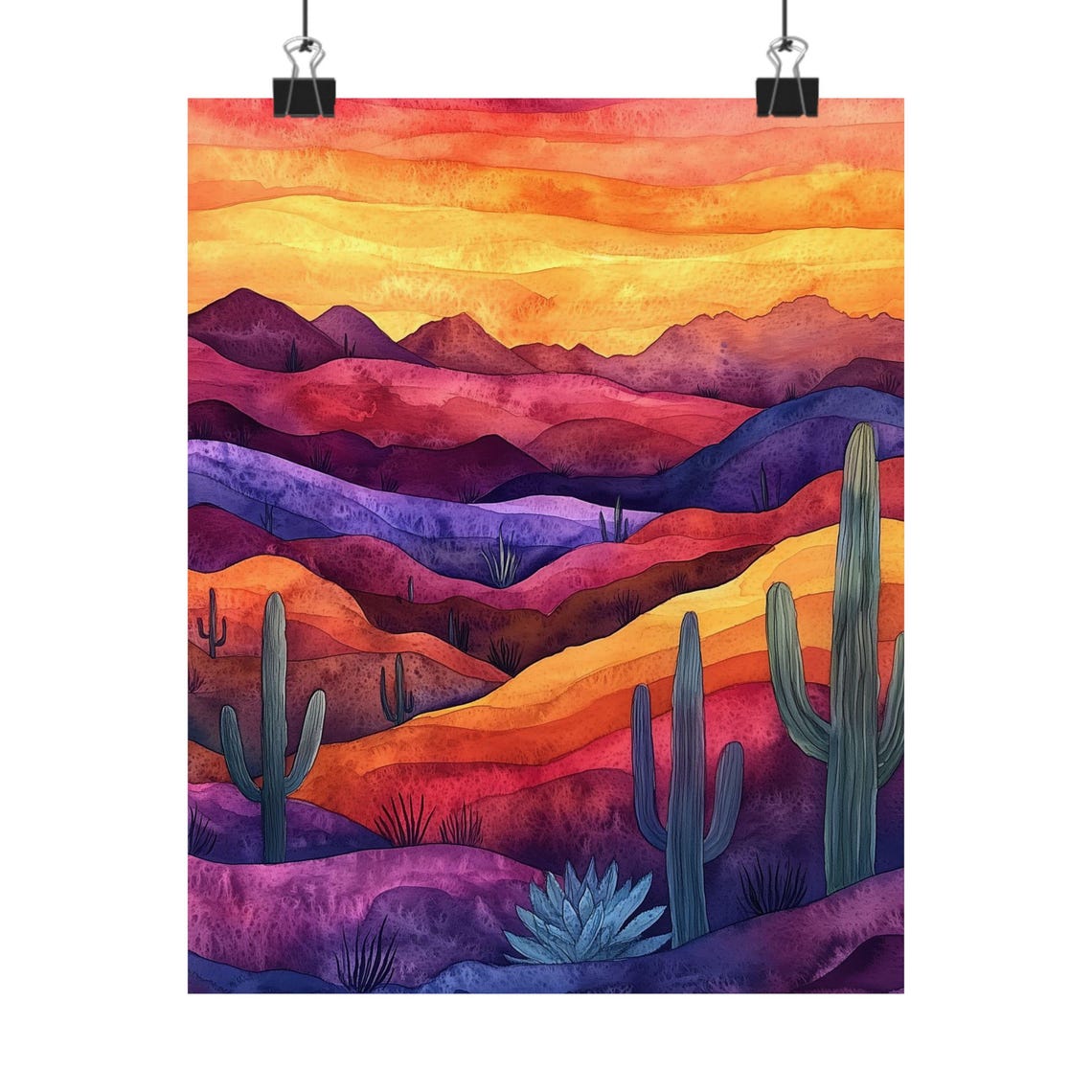Desert Sunset Saguaro Cactus Purple Mountains Landscape Poster