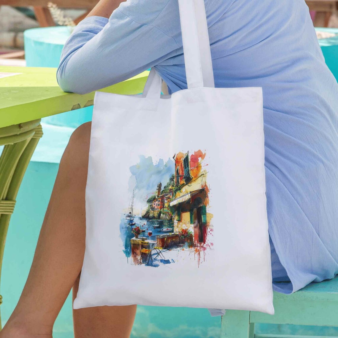 Portofino Harbor Cafe with Colorful Houses Watercolor Poster - Image 3