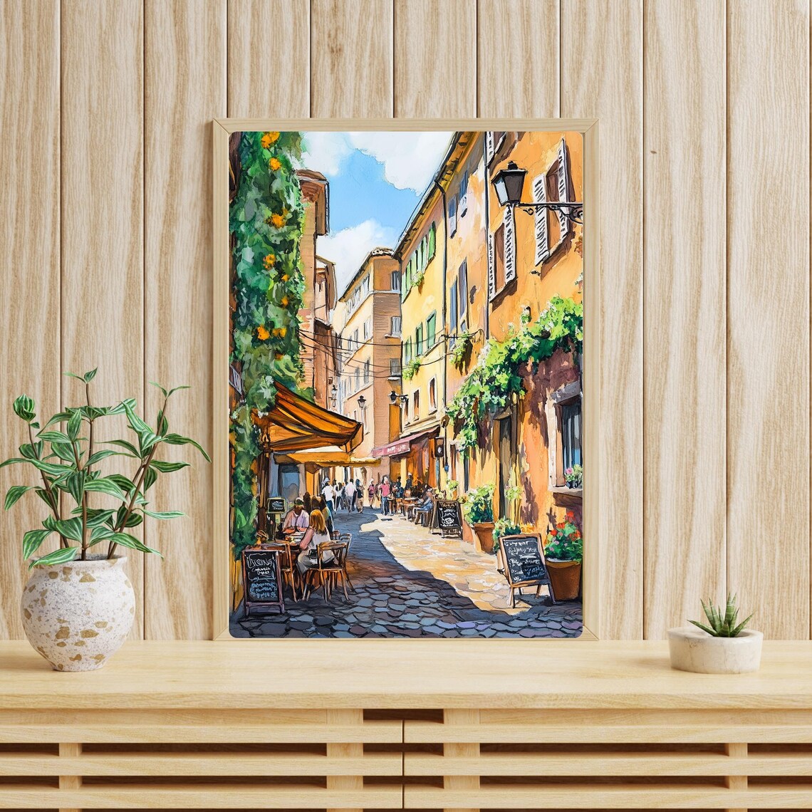 Trastevere Rome Cafe Street Cobblestone Alley Gouache Poster - Image 4