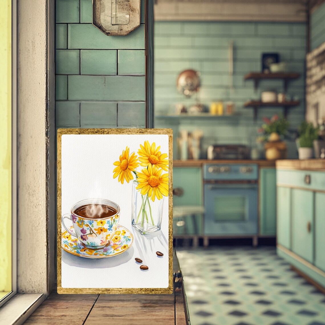 Floral Coffee Cup Yellow Daisies Cheerful Spring Morning Wall Art - Image 3