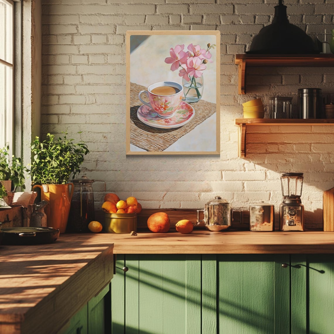Pink Floral Teacup Blossoms Sunlit Woven Mat Painting Poster - Image 3