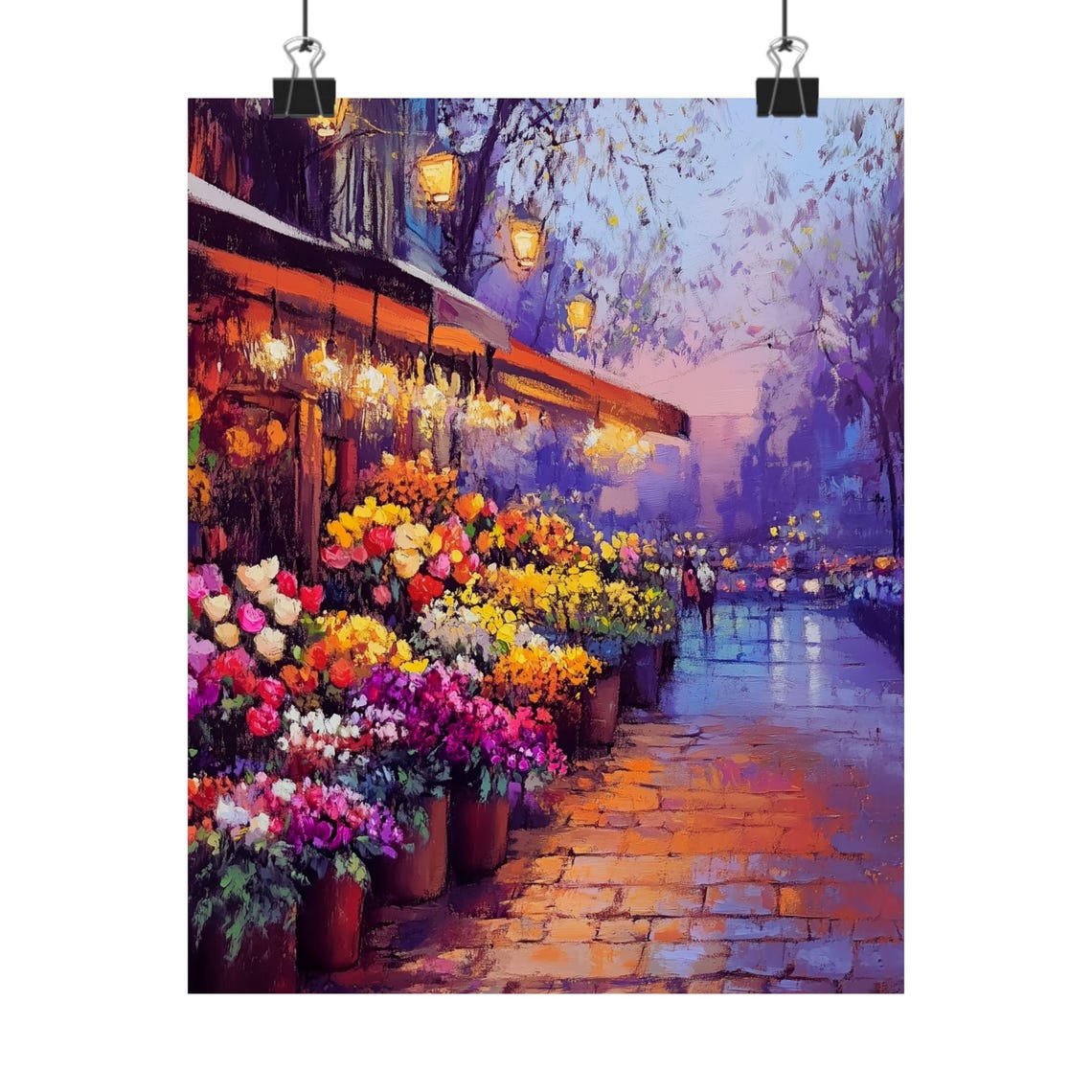 Rainy Evening Flower Market Street Glow Impressionist Poster