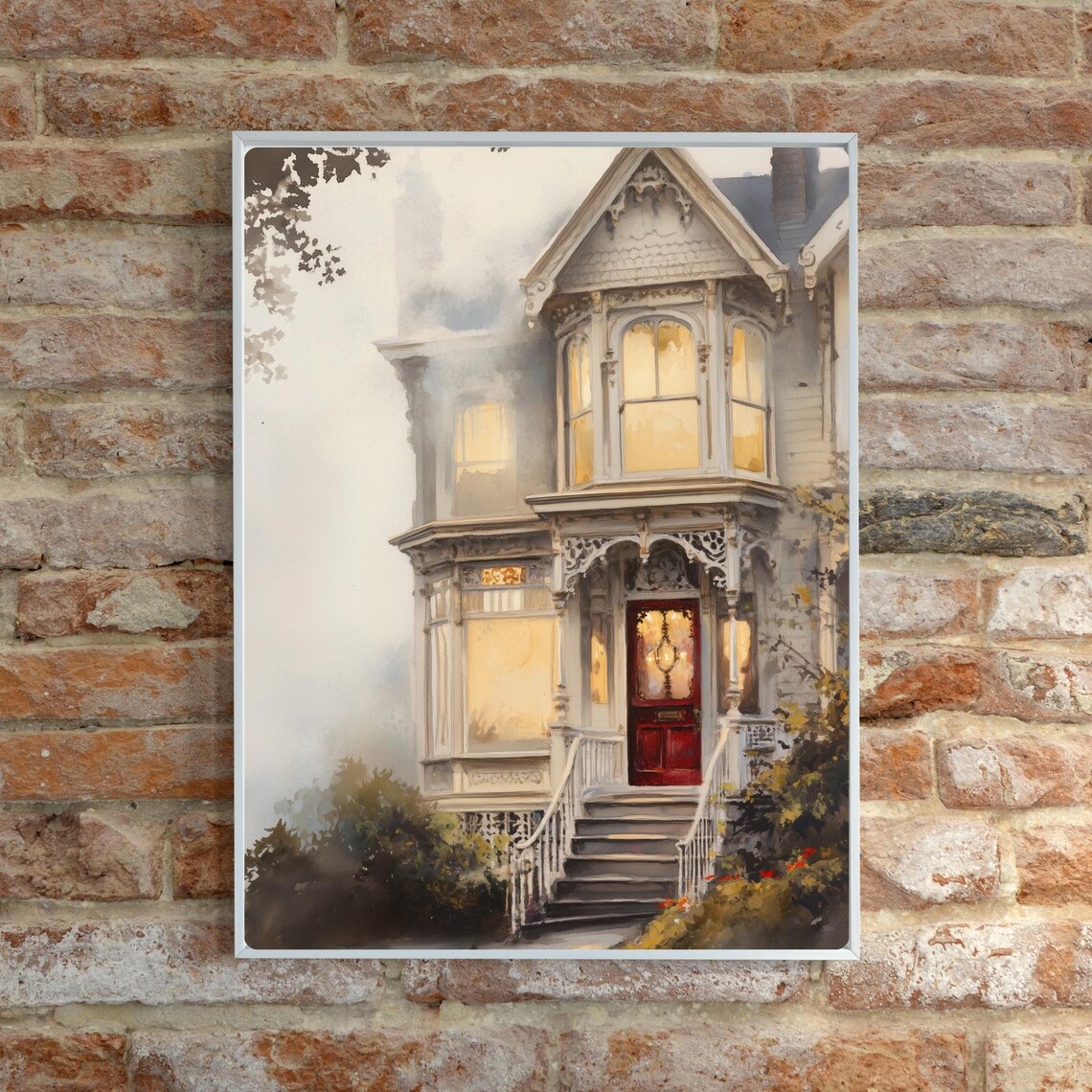 Victorian House in Fog Red Door Glowing Windows Watercolor Poster - Image 4
