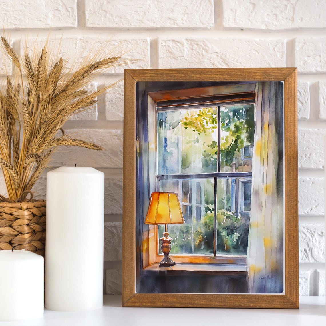 Rainy Day Window View Warm Lamp Watercolor Cozy Interior Poster - Image 2