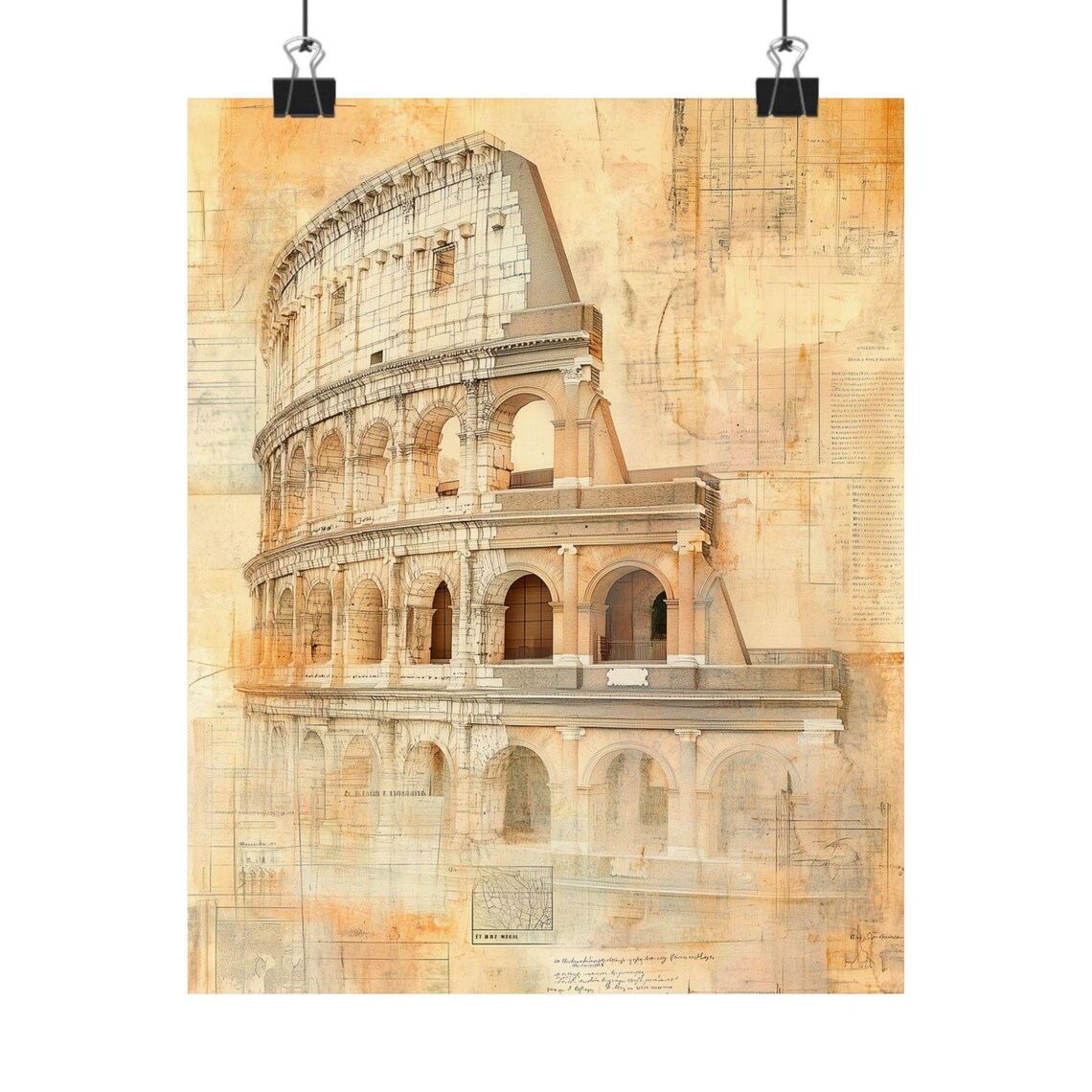 Roman Colosseum Vintage Architectural Sketch Sepia Rome Italy Poster