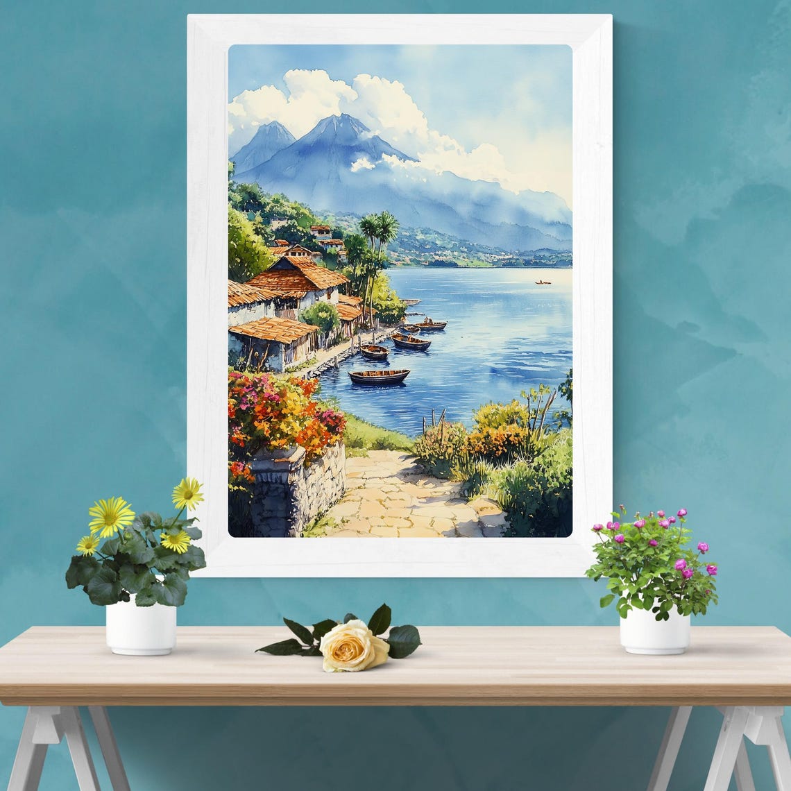 Lake Atitlan Watercolor Art Guatemala Poster Rainforest Landscape Wall Print Mayan Village Decor Lake Atitln Painting Art - Image 4