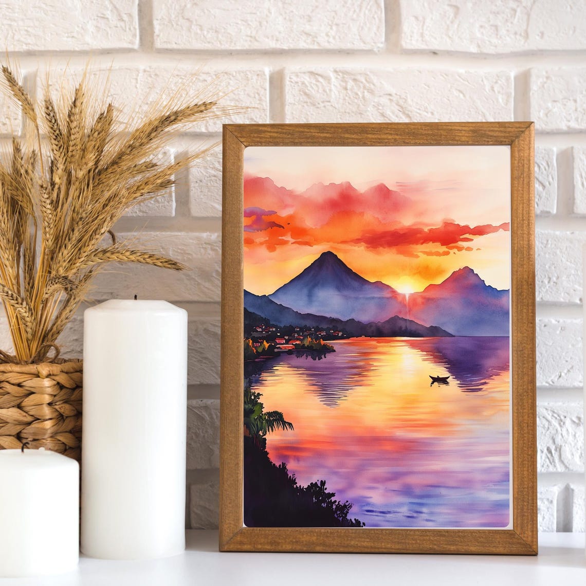 Sunrise Over Lake Atitlan with Volcanoes and a Lone Canoe Poster - Image 2