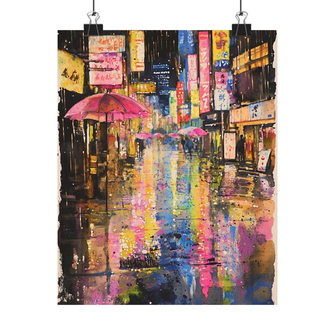 Tokyo Street Art Rainy Night Watercolor Painting Neon Lights City Print Umbrellas Scene Wall Decor Urban Japan Art Abstract Art