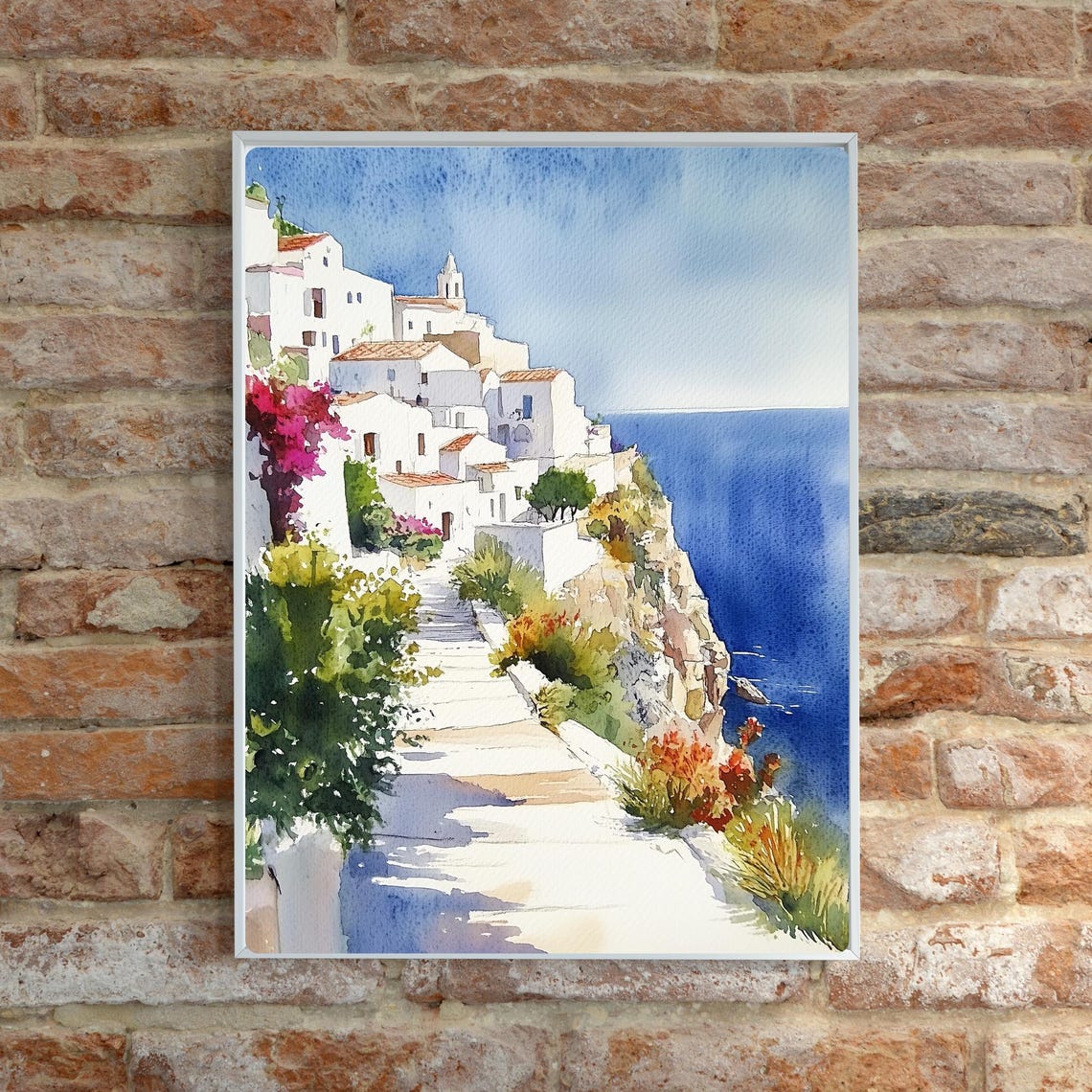 Whitewashed Cliffside Village Bougainvillea Mediterranean Poster - Image 2