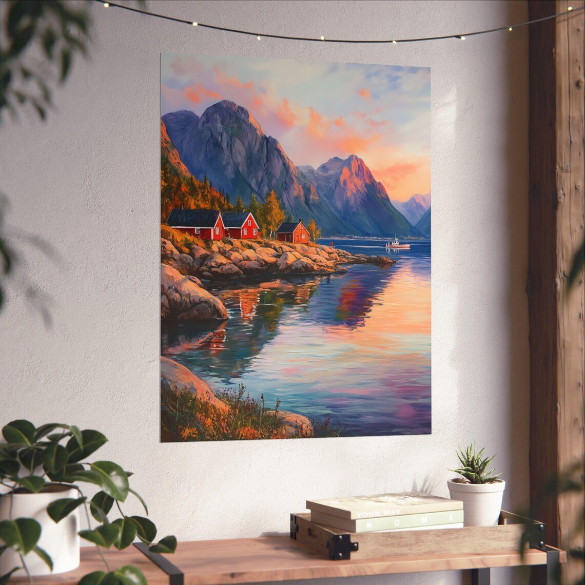 Norwegian Fjord Sunset Red Cabins Rocky Shore Mountain Lake Poster - Image 4