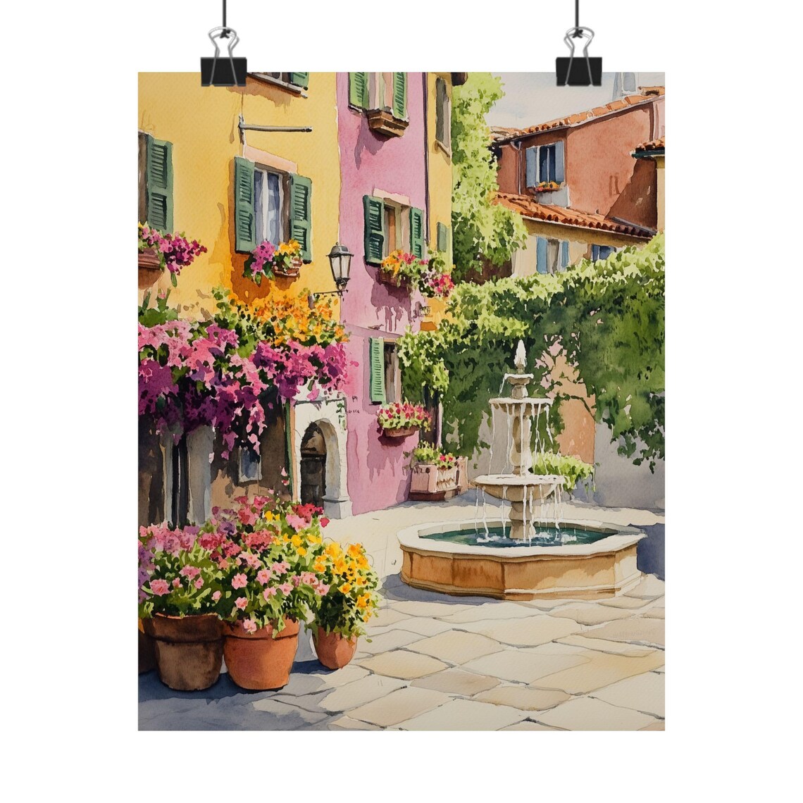Italian Piazza Fountain with Flower Pots Sunny Watercolor Poster