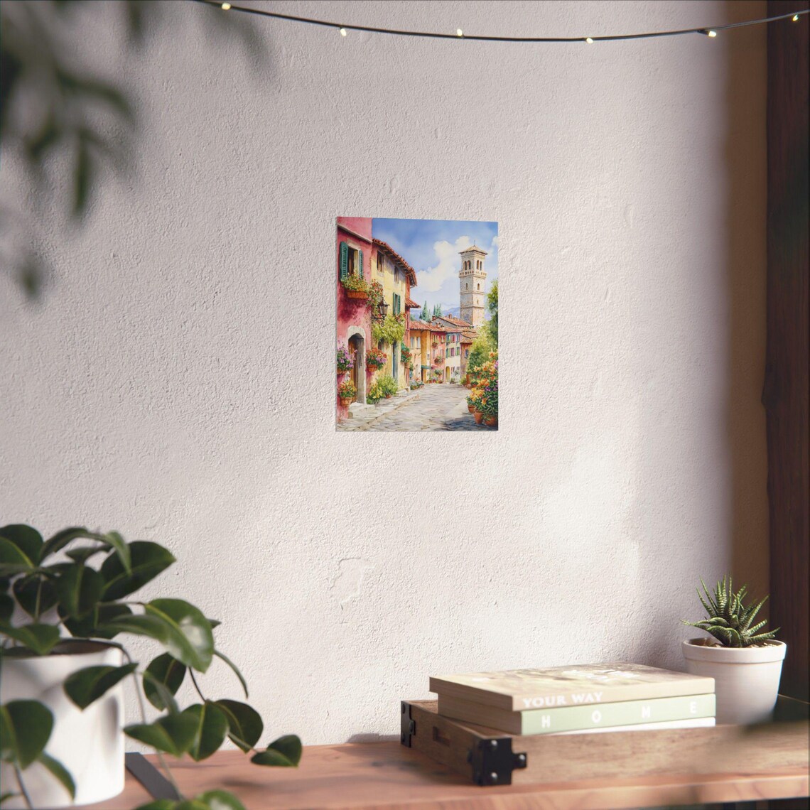 Colorful Italian Village Street with Bell Tower Watercolor Poster - Image 4