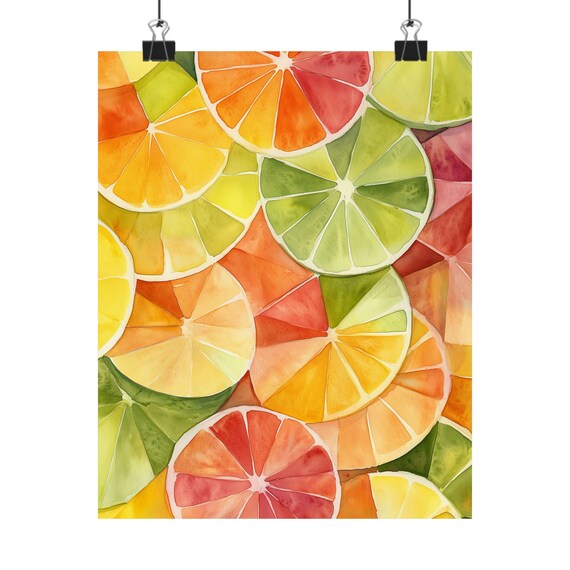 Sliced Citrus Art Print Colorful Fruit Watercolor Abstract Kitchen Decor Modern Food Wall Art Citrus Wheel Painting