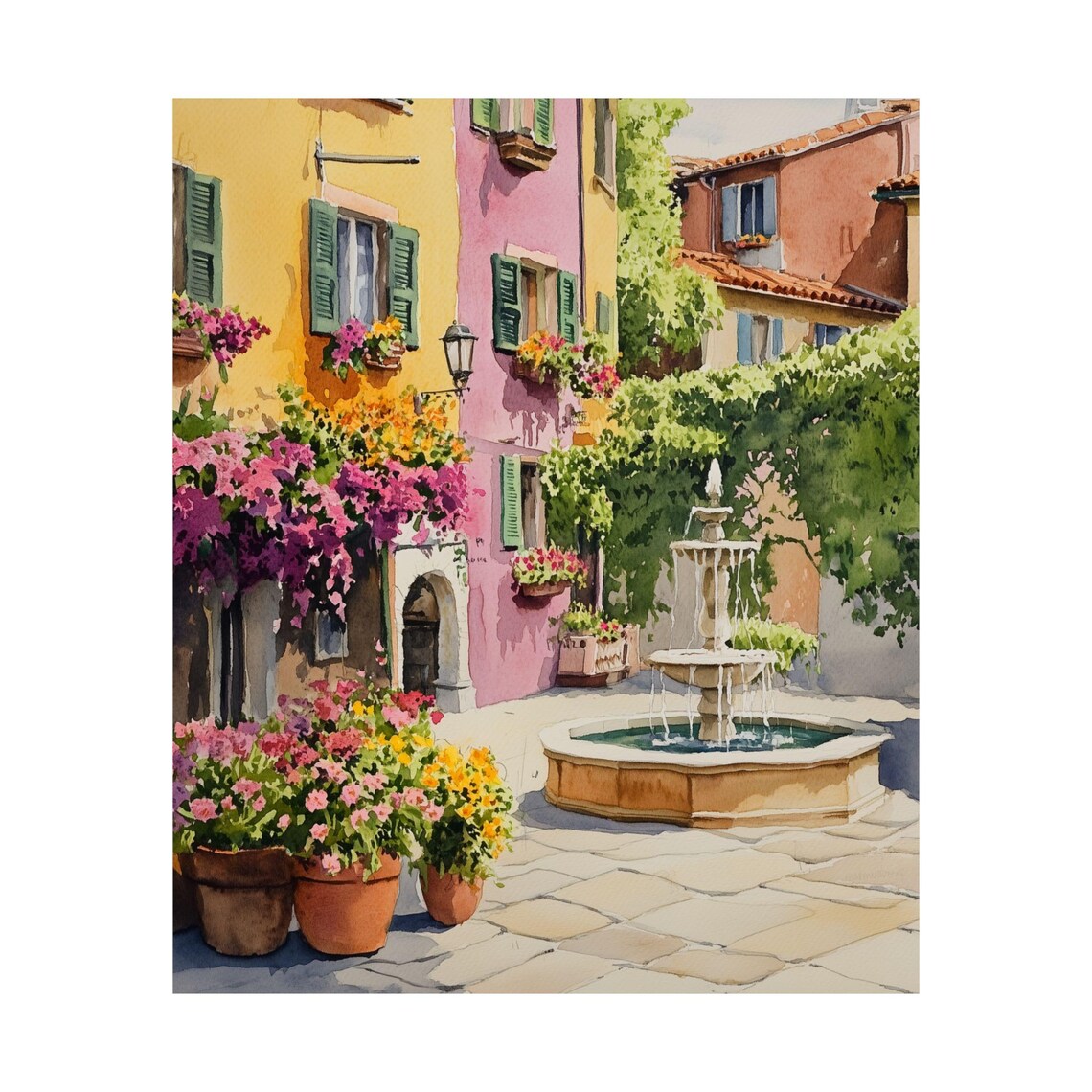 Italian Piazza Fountain with Flower Pots Sunny Watercolor Poster - Image 5