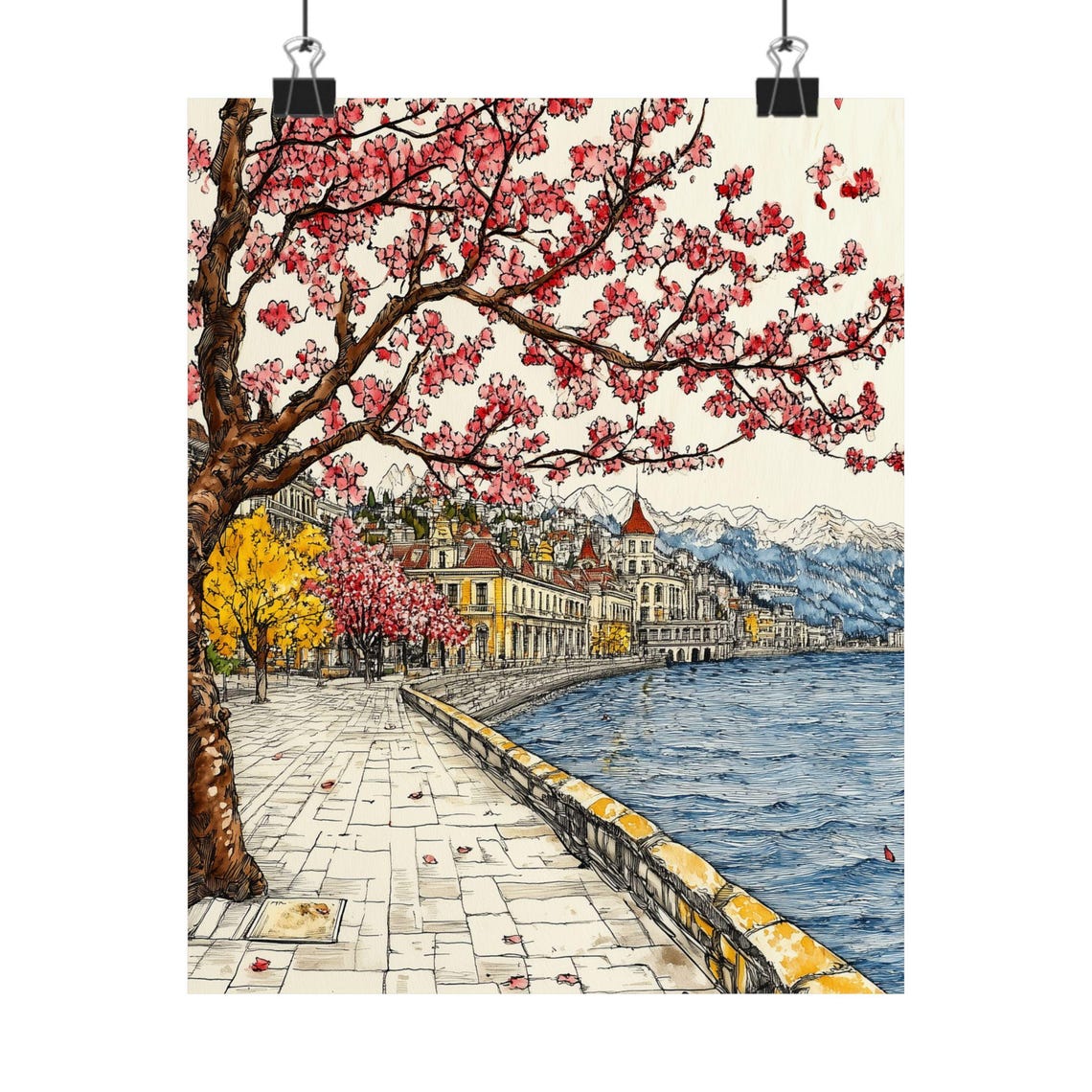 Lake Geneva Cherry Blossoms Promenade Montreux Ink Watercolor Poster