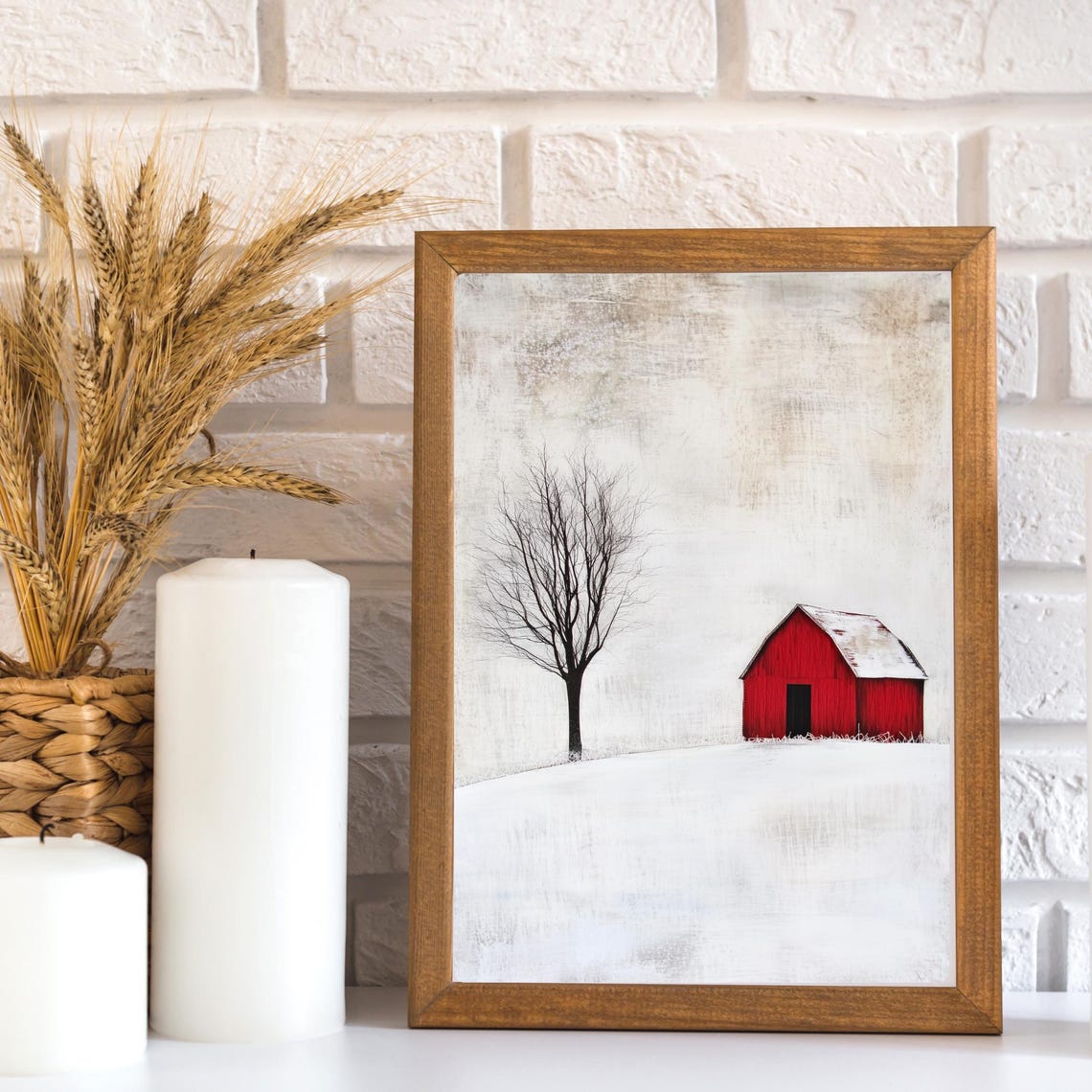 Red Barn in Snow with Lone Bare Tree Minimalist Winter Art Print - Image 3