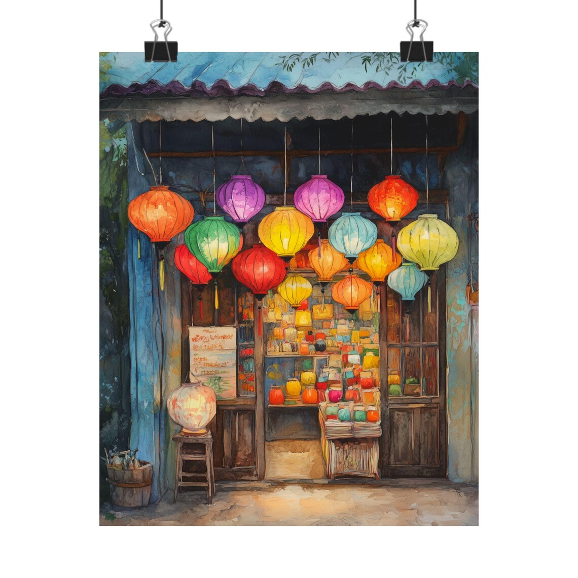 Vietnamese Lantern Shop Colorful Silk Lanterns Watercolor Poster