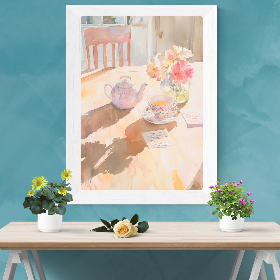 Delicate Floral Teapot and Teacup Set in Soft Morning Light Poster - Image 2