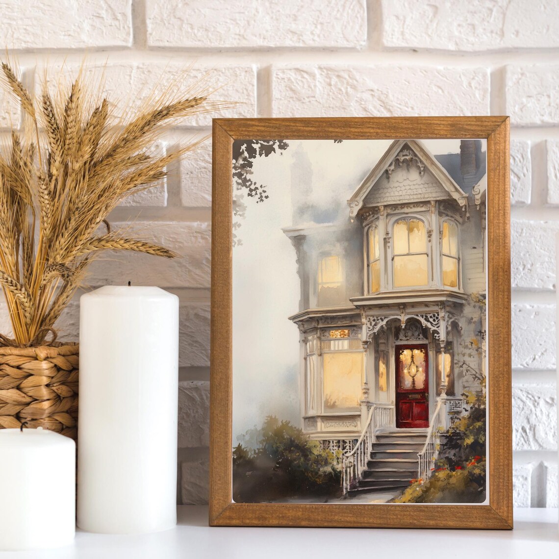 Victorian House in Fog Red Door Glowing Windows Watercolor Poster - Image 3