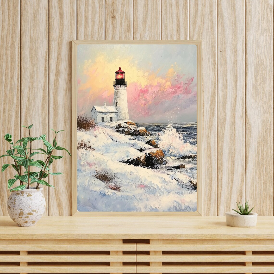 Snowy New England Lighthouse Winter Coast Oil Painting Poster - Image 5