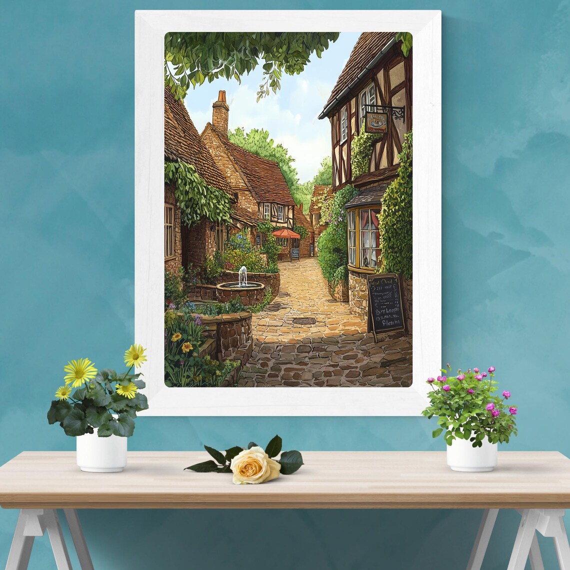 English Village Cobblestone Street Tudor Houses Fountain Poster - Image 2