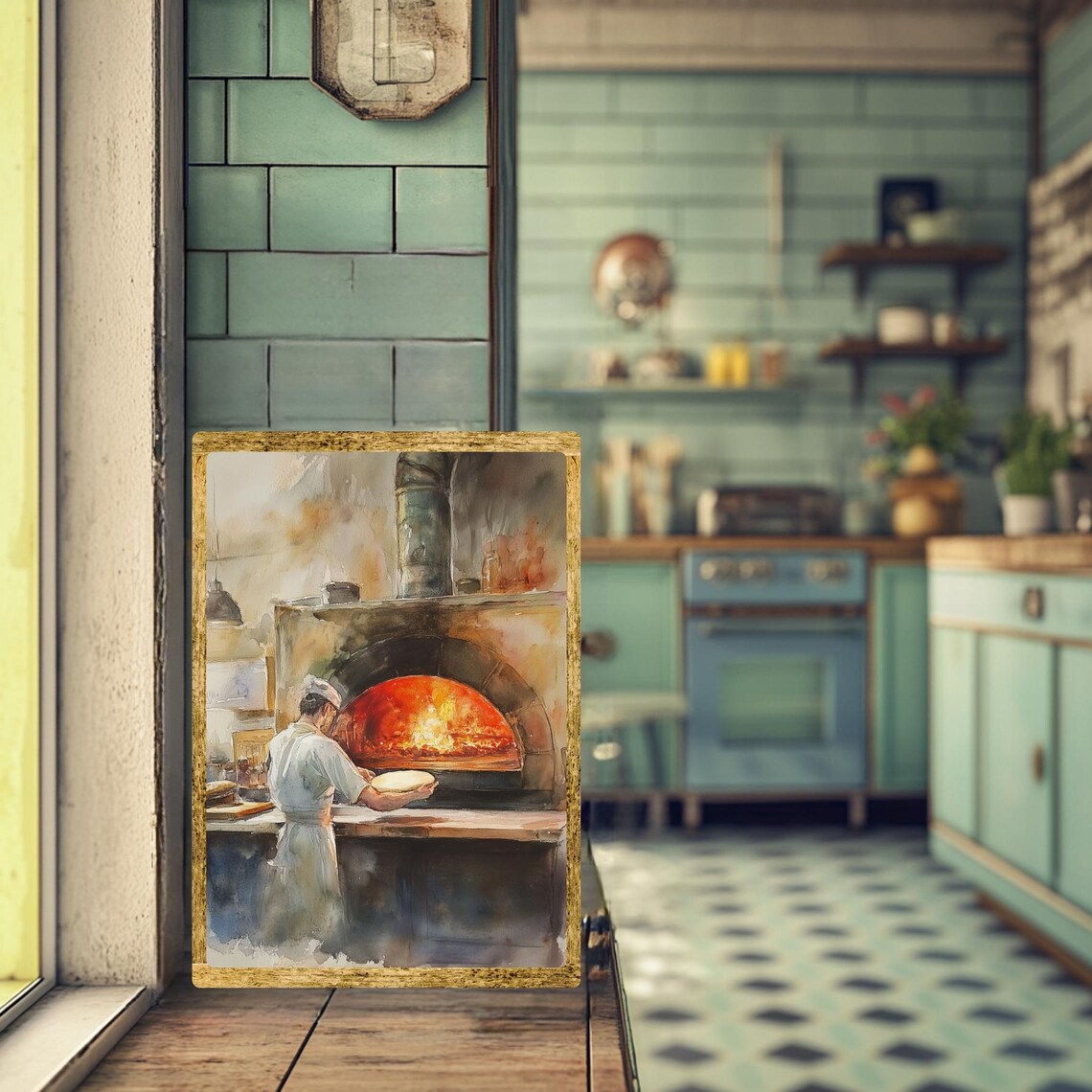 Italian Pizzaiolo Wood Fired Pizza Oven Kitchen Watercolor Poster - Image 3