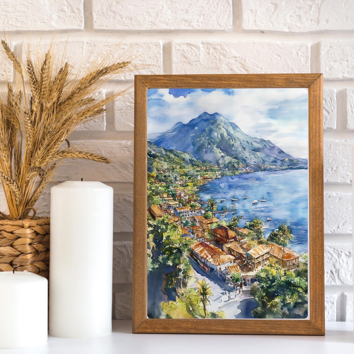 Lake Atitlan Guatemala Aerial Lakeside Town Volcano Watercolor Poster - Image 3