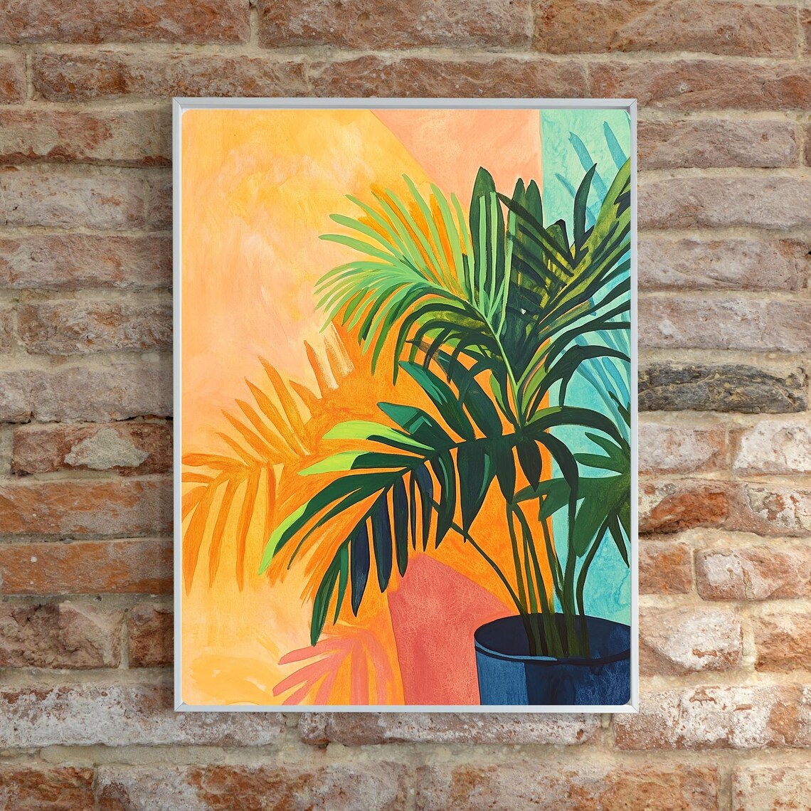 Potted Palm Fronds Casting Shadows on a Bright Orange Wall Poster - Image 5