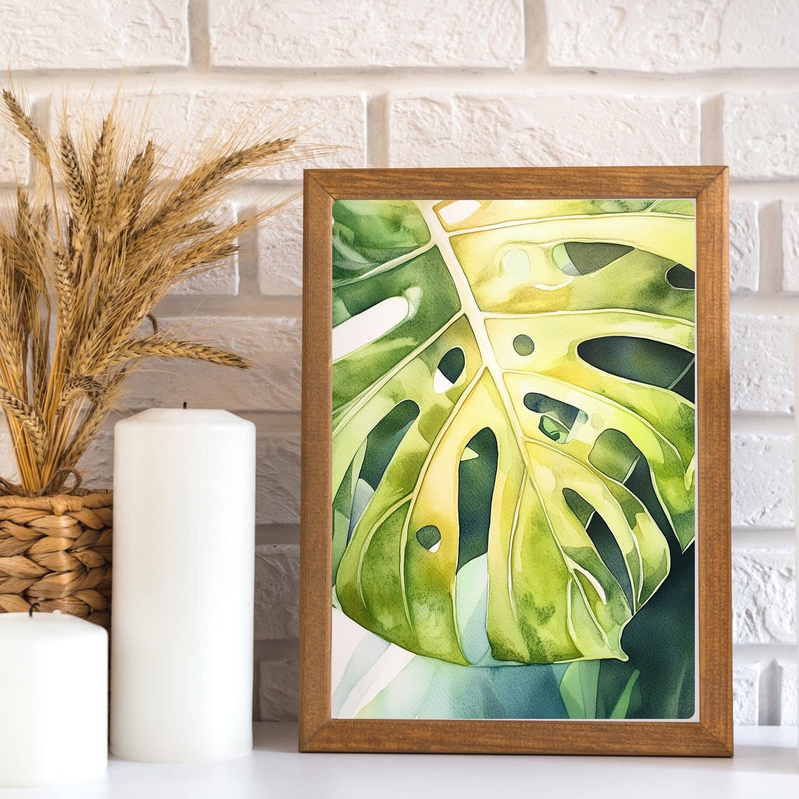 Close-Up Monstera Leaf in Green and Yellow Watercolor Poster - Image 3