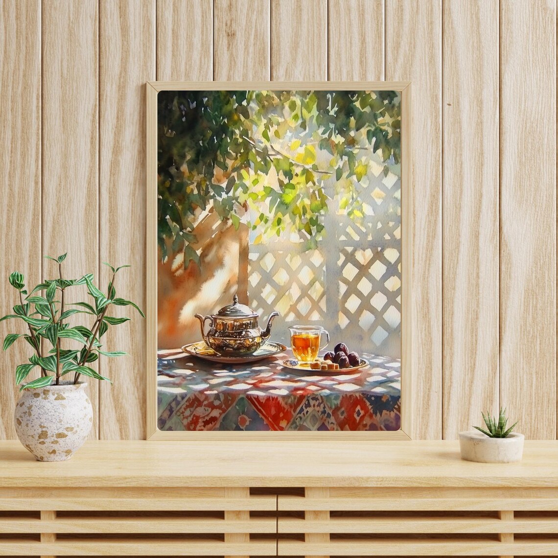 Moroccan Tea Art Still Life Painting Print Silver Teapot Wall Decor Sunlight Scene Art Watercolor Table Setting - Image 3