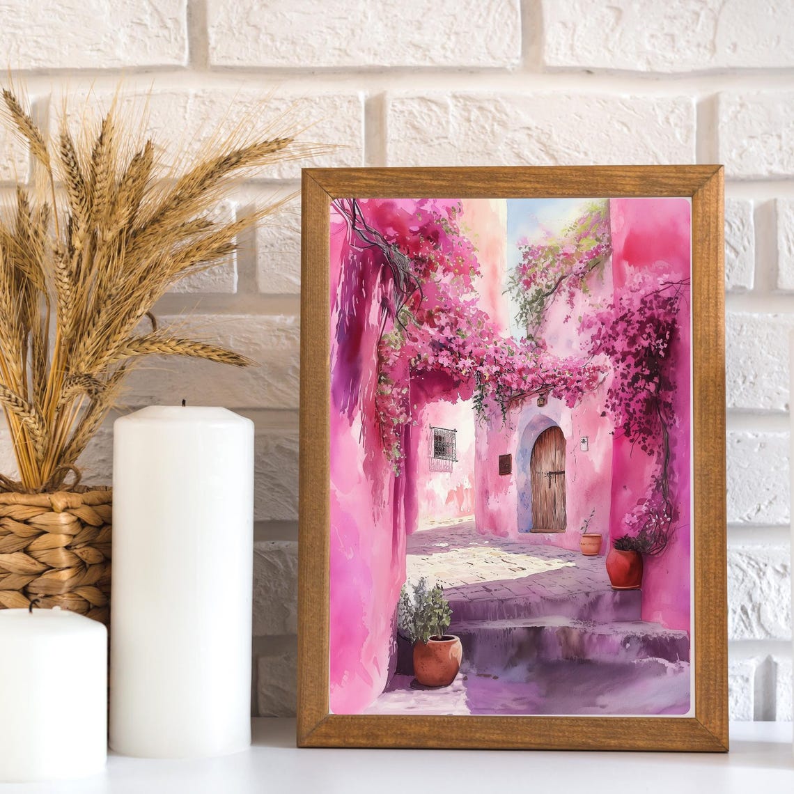 Pink Alleyway Art Print Colorful Watercolor Painting Mediterranean Architecture Wall Decor Floral Street Scene Art Exotic Print - Image 3