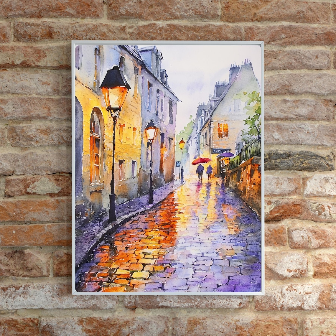 Rainy European Cobblestone Street Lamp Glow Watercolor Poster - Image 6