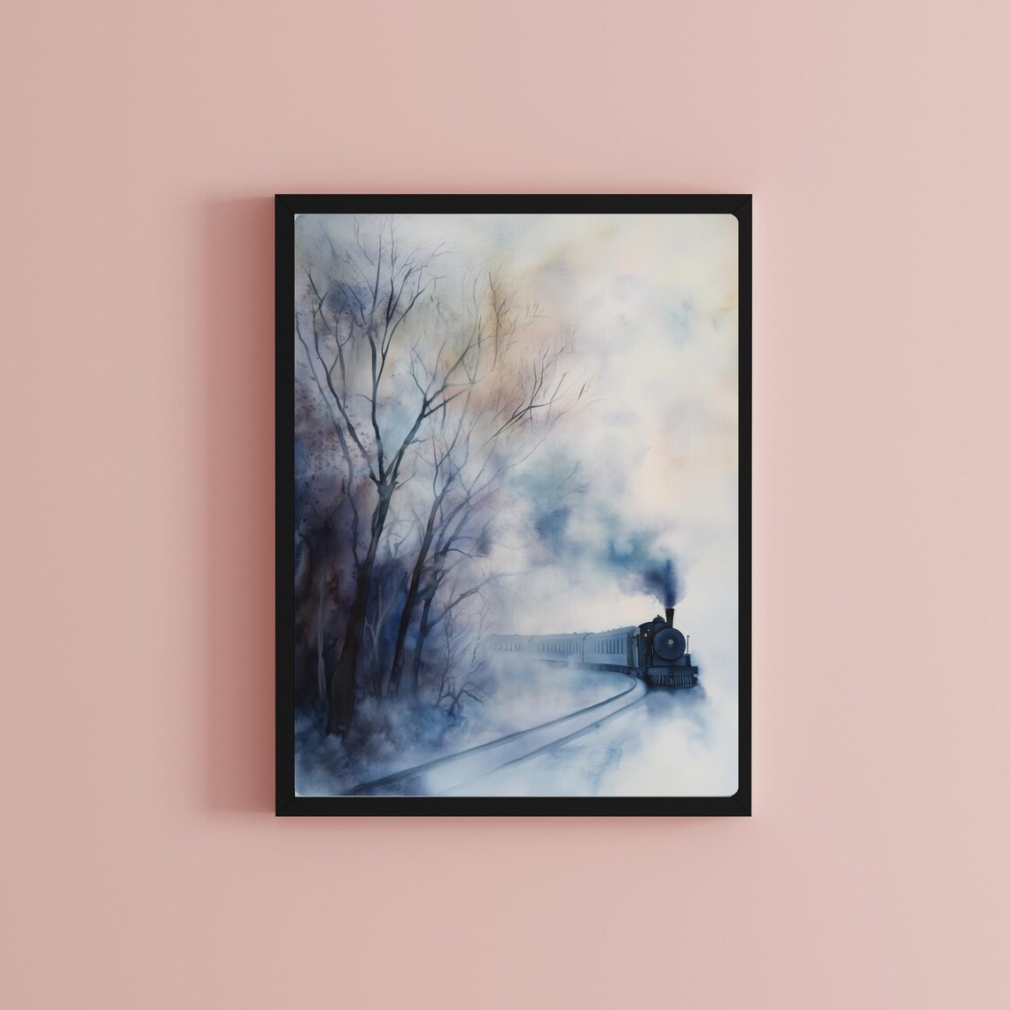 Ghostly Steam Train in Winter Mist Watercolor Railroad Scene Poster - Image 2