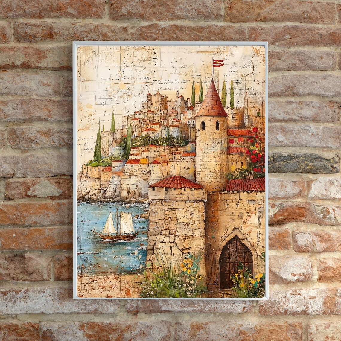 Rhodes Greece Medieval Castle Fortress Coastal Sailboat Vintage Poster - Image 2