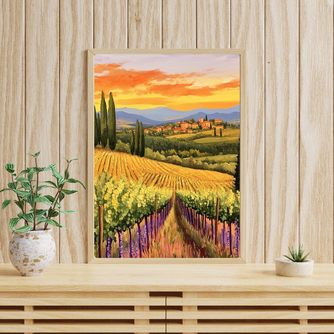 Tuscan Vineyard Rows at Sunset with a Hilltop Village Poster - Image 4