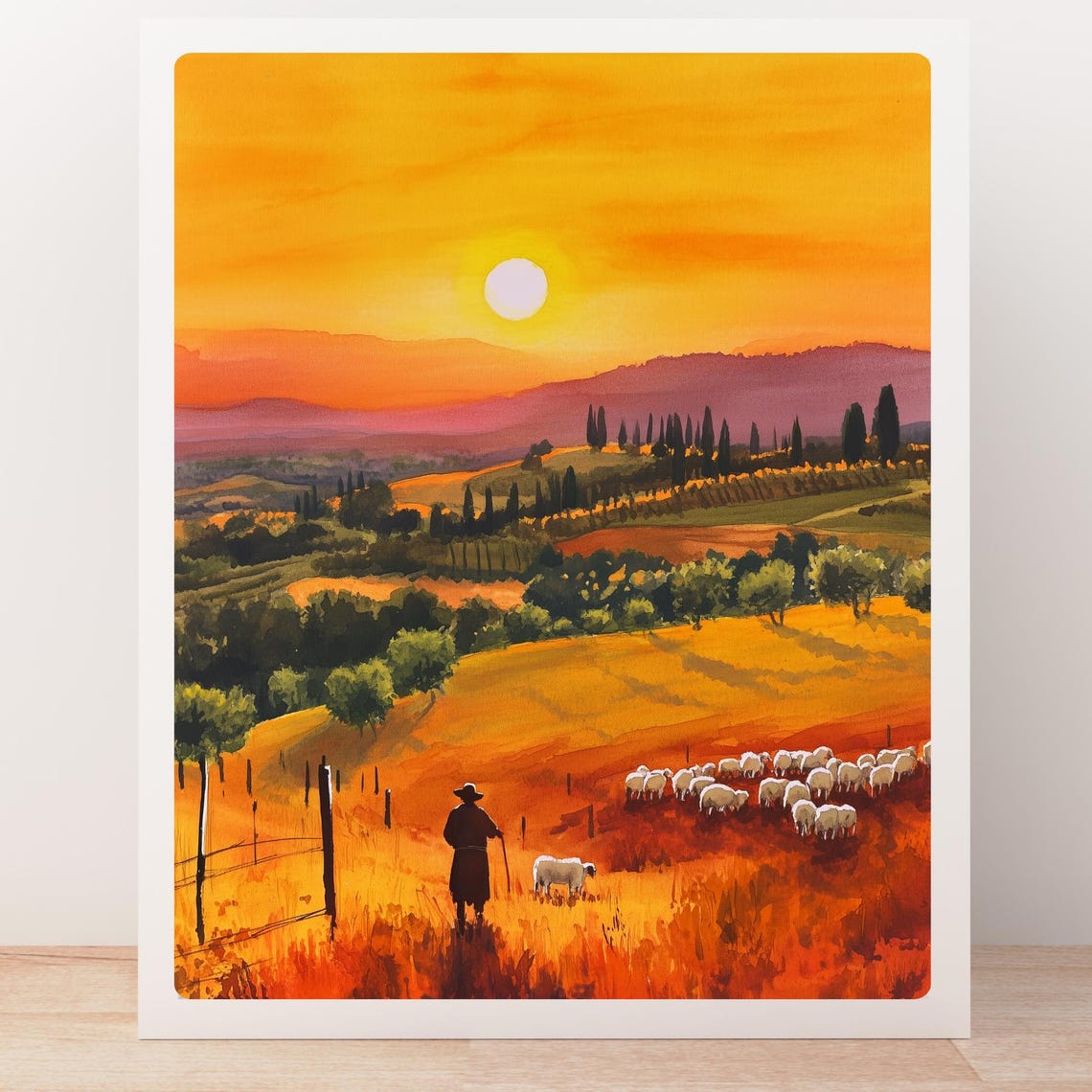 Tuscan Shepherd Leading His Sheep Across Golden Sunset Hills Poster - Image 5