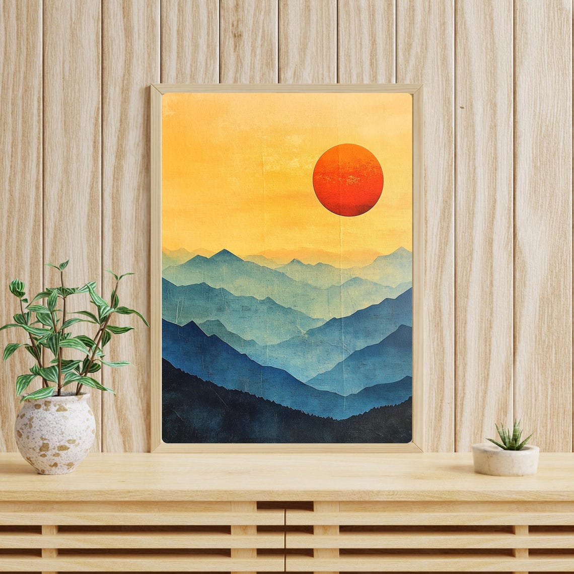 Layered Blue Mountains Under Golden Sunset Modern Landscape Poster - Image 3