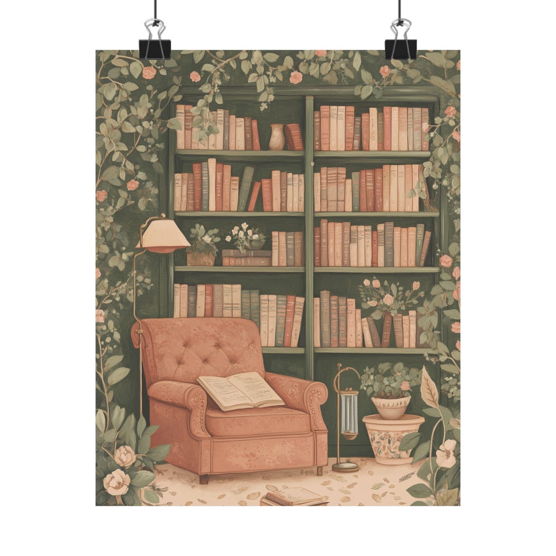 Floral Library with a Pink Armchair Wrapped in Rose Vines Print