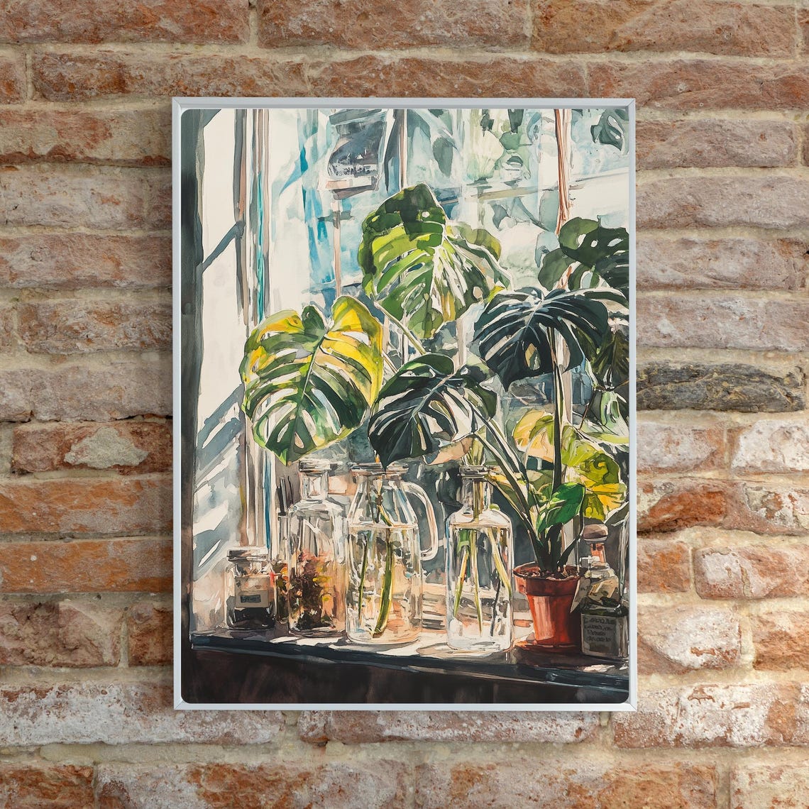 Sunlit Windowsill with Monstera Leaves and Glass Jars Poster - Image 6