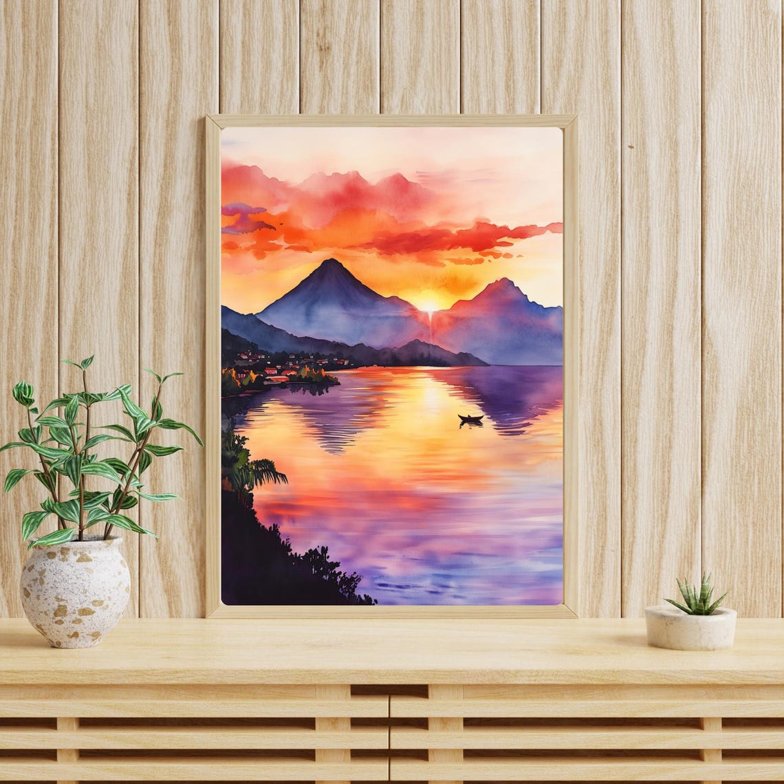 Sunrise Over Lake Atitlan with Volcanoes and a Lone Canoe Poster - Image 3