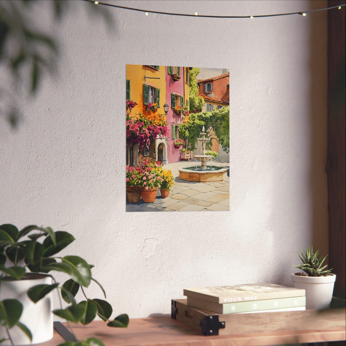 Italian Piazza Fountain with Flower Pots Sunny Watercolor Poster - Image 2