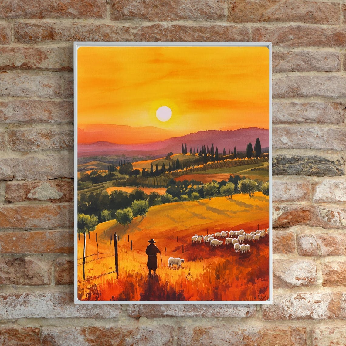 Tuscan Shepherd Leading His Sheep Across Golden Sunset Hills Poster - Image 6