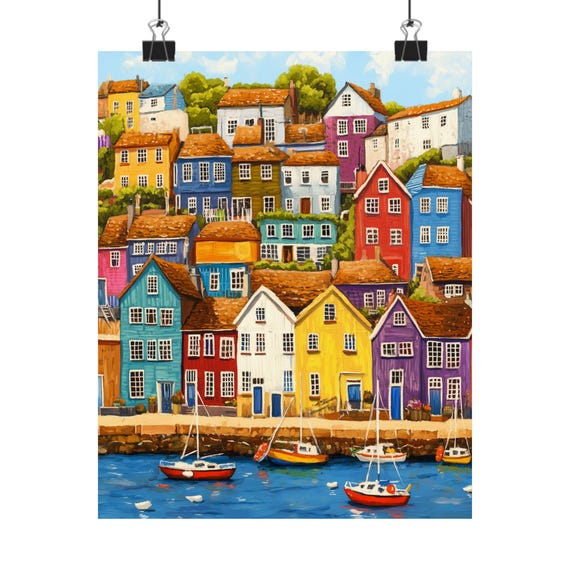 Gouache Seaside Town Art Print Colorful Coastal Village Painting Nautical Seascape Wall Decor Whimsical Home Art
