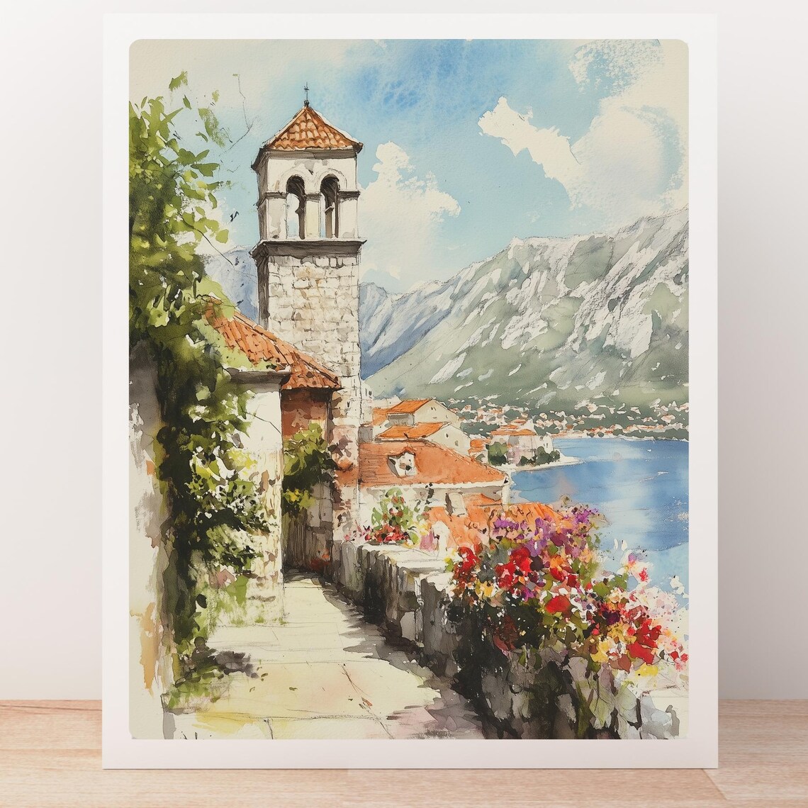 Kotor Montenegro Bell Tower Bay Blooming Flowers Watercolor Poster - Image 5