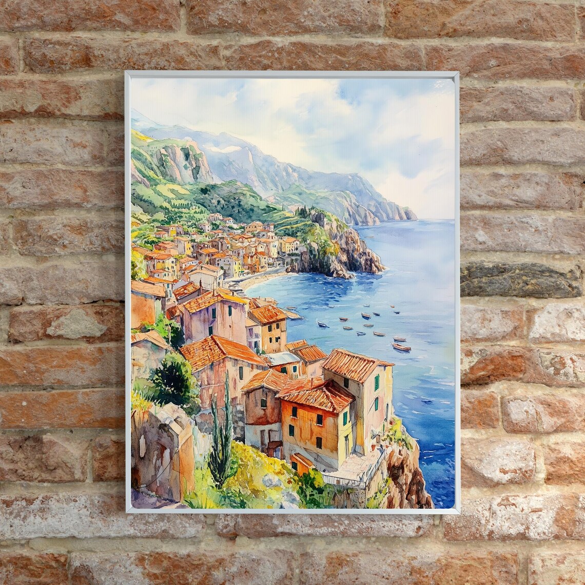 Italian Coastal Fishing Village Cliffside Aerial Watercolor Poster - Image 5