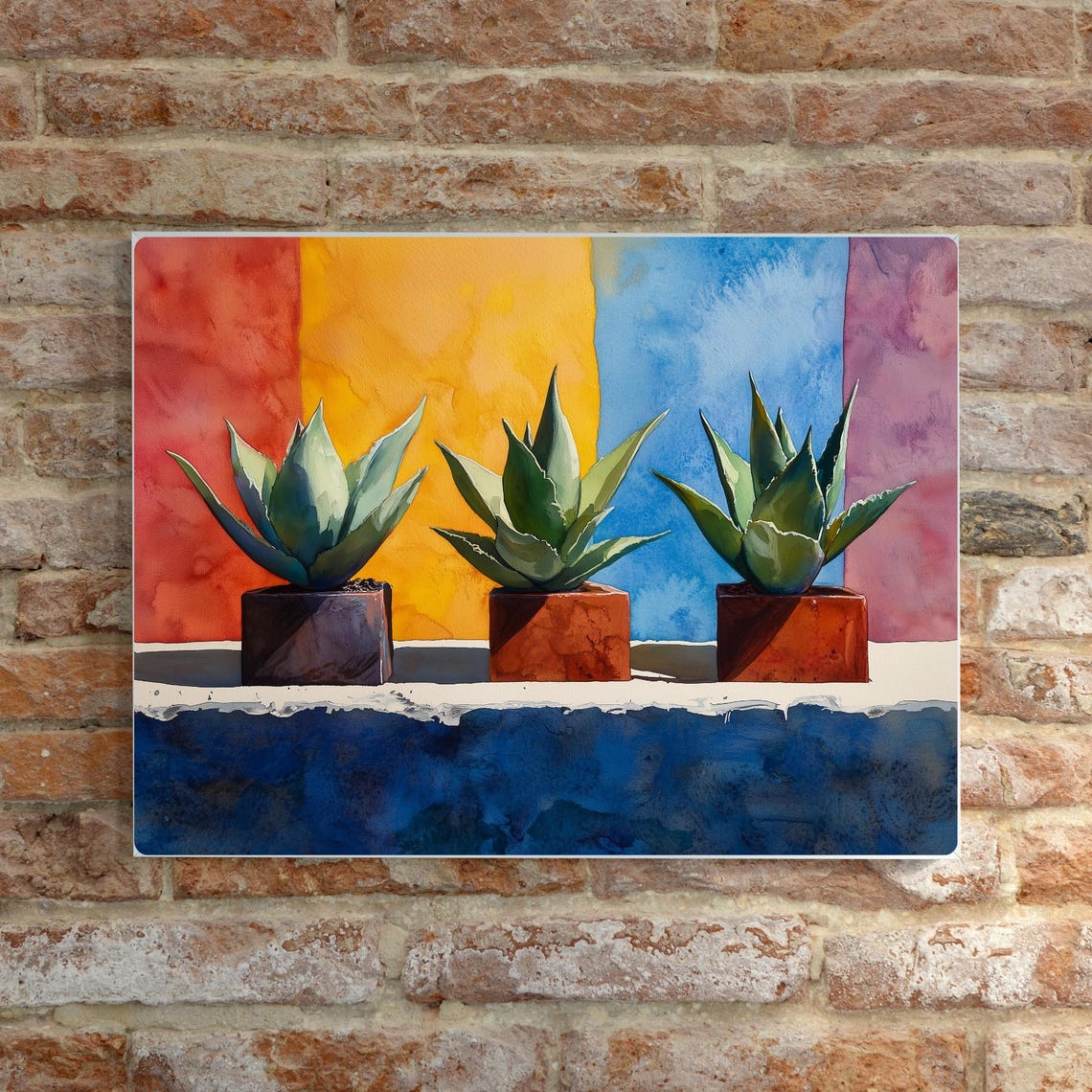 Three Potted Agaves Bold Color Block Watercolor Botanical Wall Poster - Image 3